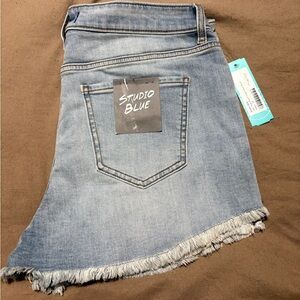 Blue Jean Shorts with Distressed Detailing and Frayed Hem